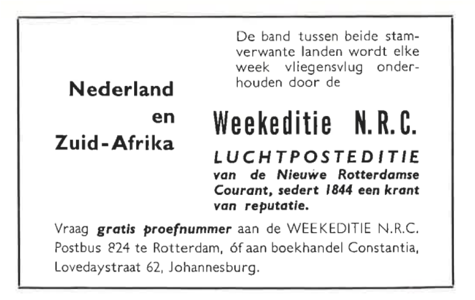 Tekstvak: Figuur 1: Advertentie van N.R.C. dat tweemaandelijks verscheen in het Maandblad 1958